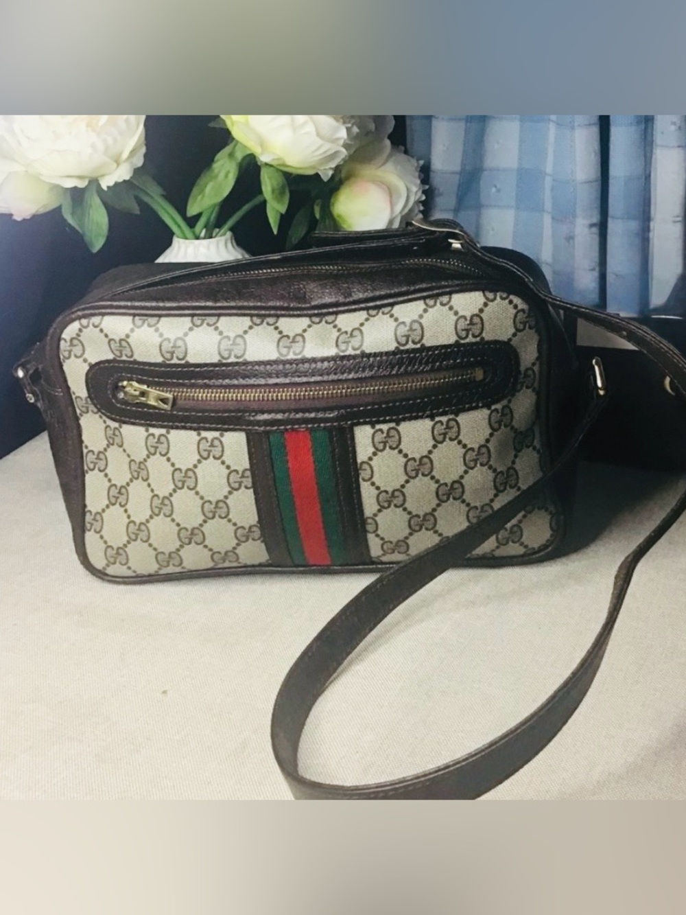 Gucci Monogram GG Canvas Messenger with Brown Leather crossbody
